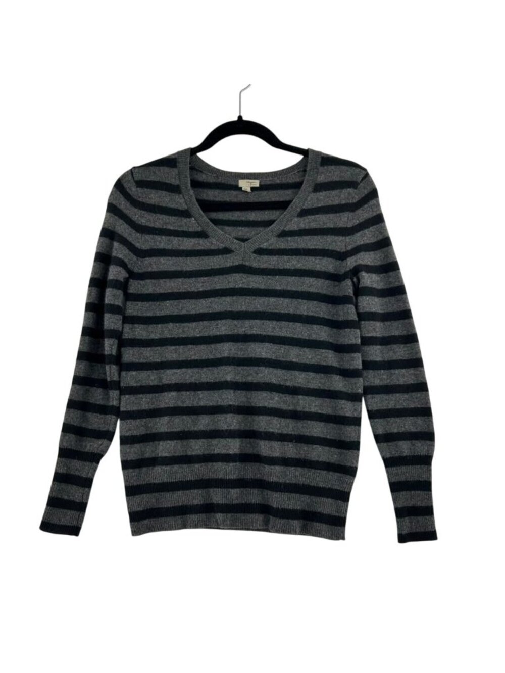Halogen Cashmere Sweater Women Small Petite Black & Gray V-Neck Striped Pullover